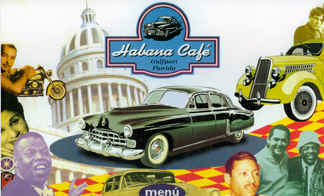 Habana Café’s 2001 printed menu cover: a collage of Havana, classic cars and the café badge